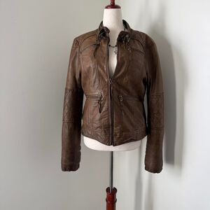 Vintage Brown Moto Leather Jacket Blanc Noir Size L